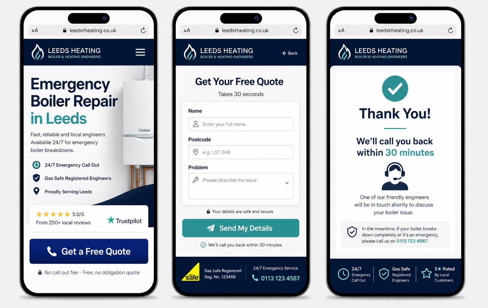 Three phone screens showing the Leeds Heating funnel: an emergency boiler repair landing page, a short quote form, and a thank-you page promising a callback within 30 minutes.